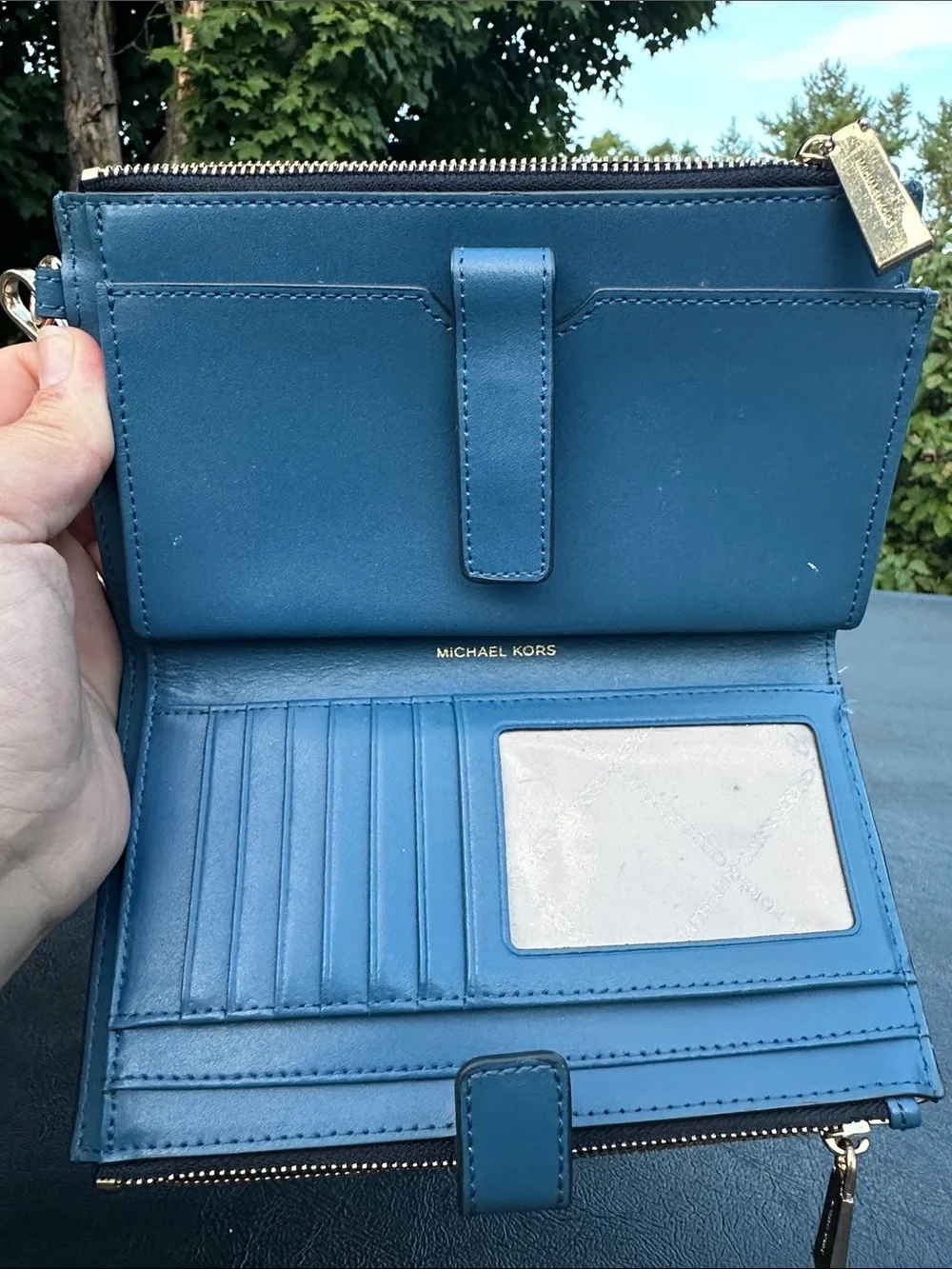 Michael Kors Blue MK Logo Wristlet Wallet with Gold Hardware